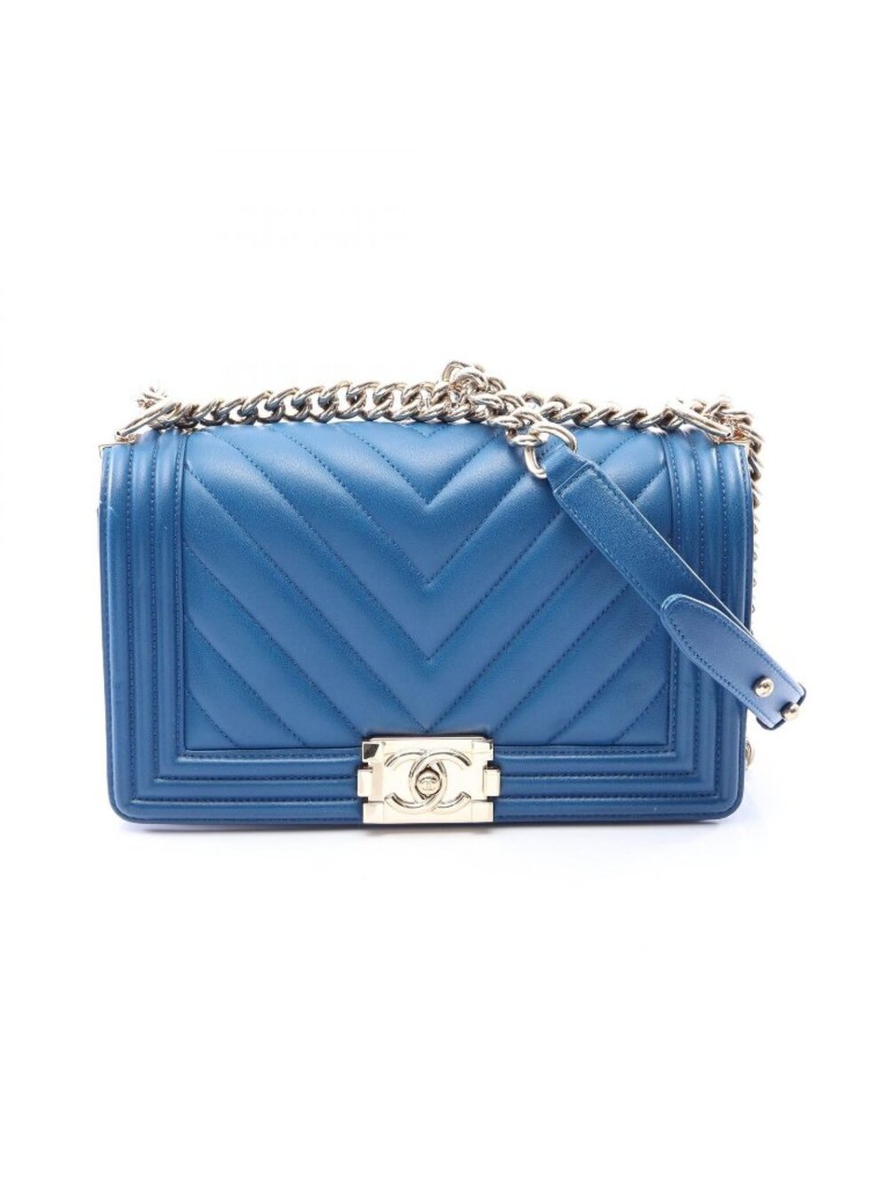 Chanel Shoulder Bag Boy Chevron V-stitch Blue Lambskin Chain